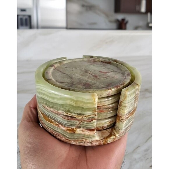 Green Onyx Coaster Set - 6 Natural Stone Coasters + Holder, Handmade Marble set - Picture 4 of 10